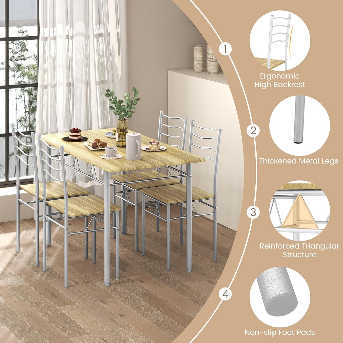 Giantex 5 PCS Dining Table Set, Counter Height Table with Spacious Rectangular Tabletop, Dining Desk w/ 4 High Backrest Chairs & Anti-Slip Pads, Kitchen Furniture for Home Restaurant (Silver+Natural)