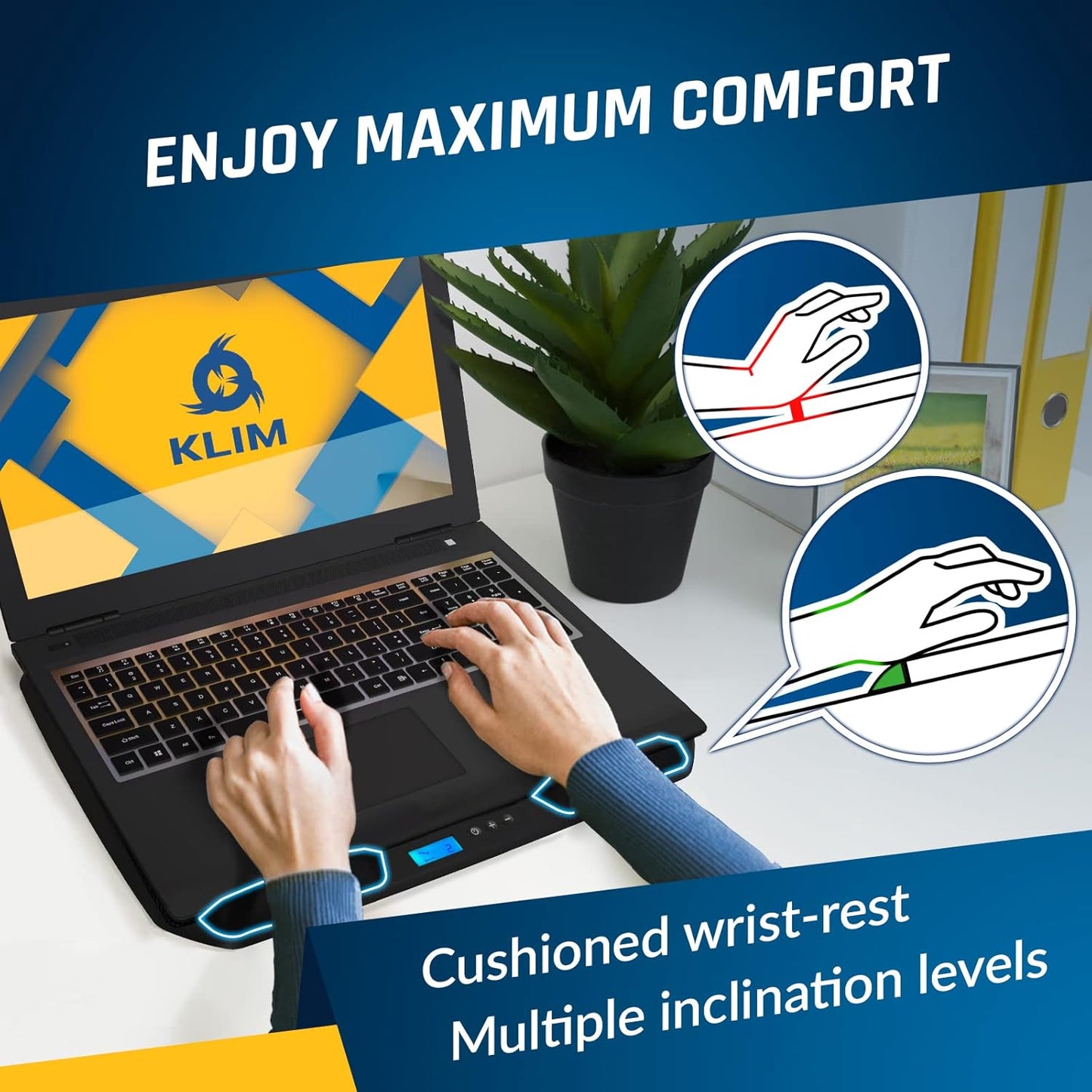 KLIM KN02 Laptop Cooling Pad for 11-17.3 inch laptops - Comfy Cushioned Wristrests - Powerful Laptop Cooling Fan 1500 RPM - Silent Laptop Cooler with Metal Mesh and 5-Year Assurance - New