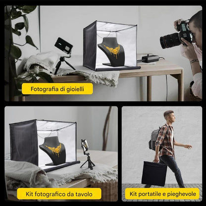 Pro Photo Box 80 x 80 cm | Set of Light Boxes for Product Photography | 3 Bright Temperatures with Light Box, Light Strip, Dimming Button, 5 Waterproof PVC Background