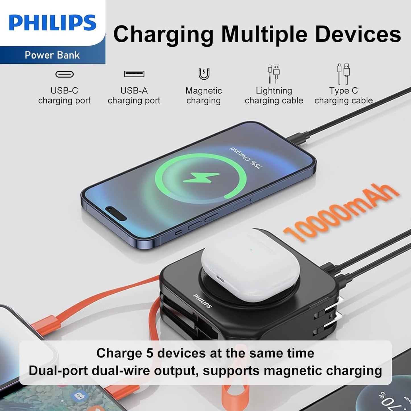 PHILIPS Power Bank Wireless 10000mAh 22.5W Powerbank Built-in Cable 10 in 1 Portable Battery Pack, Magnetic Universal Travel Fast Charging Adapter (UK,EU,AU) Compatible with MagSafe iPhone 16 MBlack