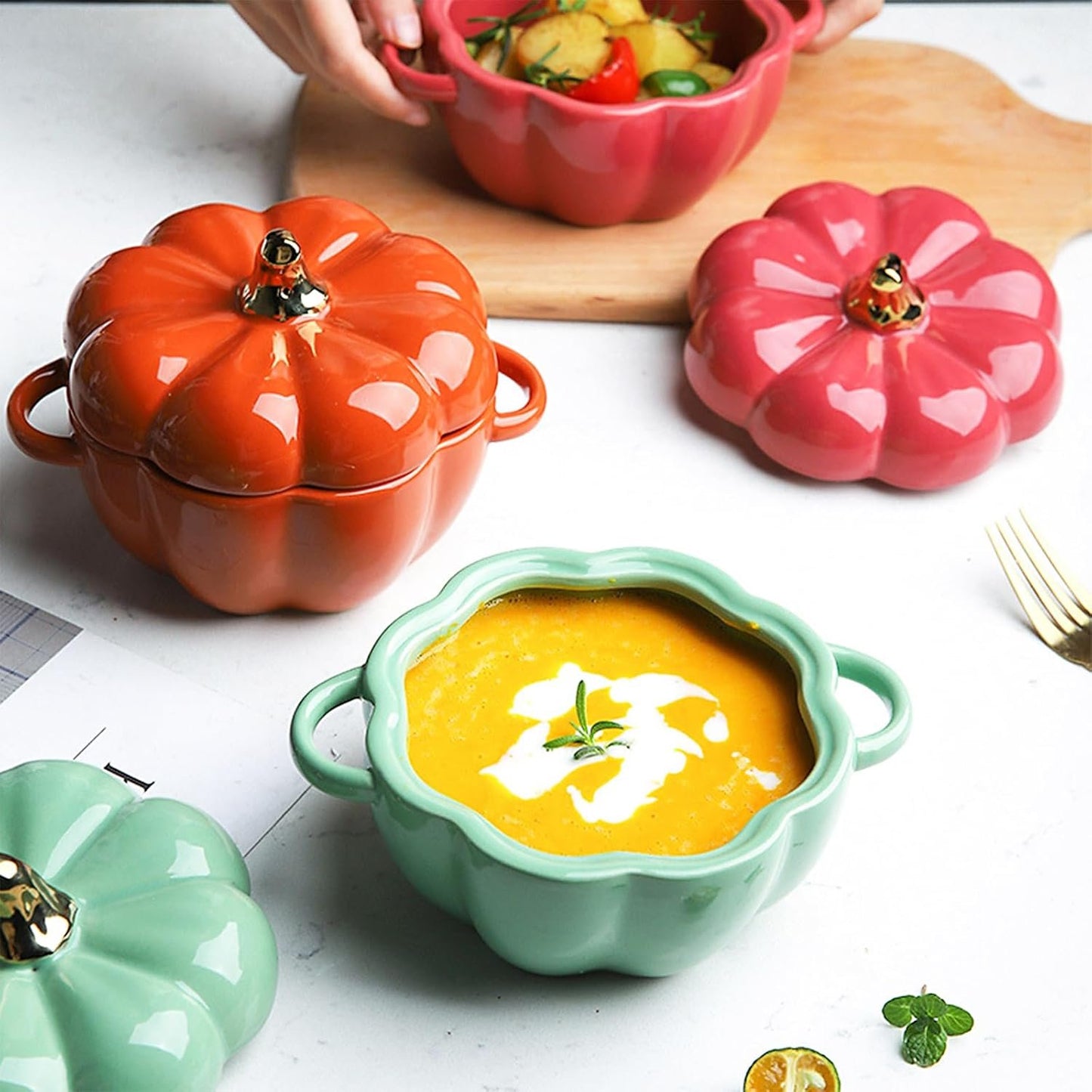 Dutch Oven Pot With Lid, Pumpkin-Shaped Pottery Dessert Saucepan, Mini Baking Dish Cute Bowl, Covered Ceramic Stockpot, Casserole (Orange)