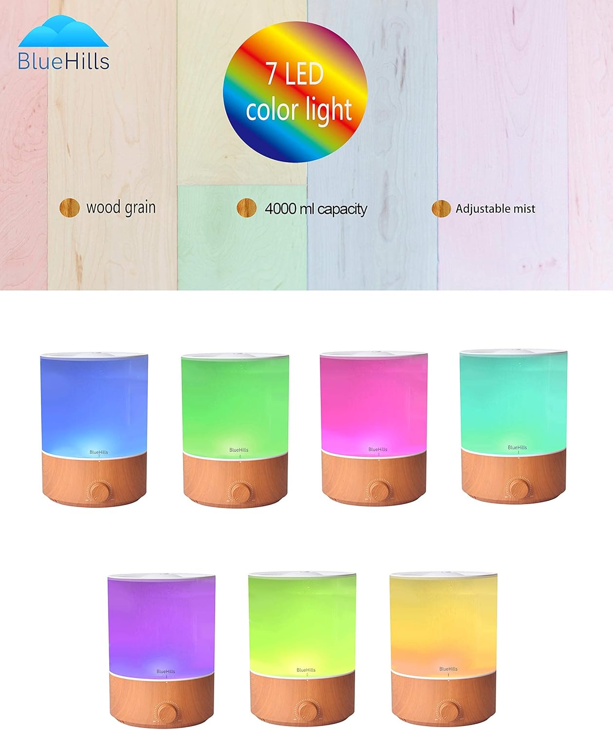 BlueHills Premium 4000 ML XL Essential Oil Diffusers - 70 Hour Run Aromatherapy Diffuser & Air Humidifier Mist for Large Room 7 LED Colors Oil Big Diffuser Essential Oils for Home w/Auto Shut Off E403