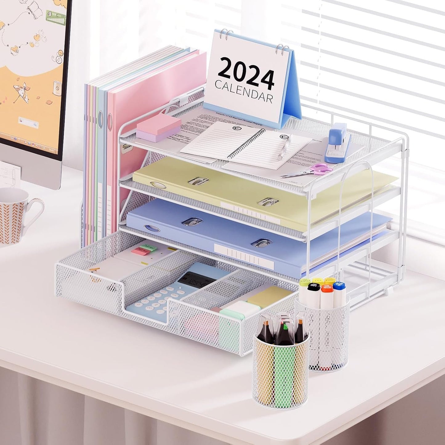 OPNICE Desk Organizers and Accessories, 4 Tier Tray Letter Paper Organizer with Vertical File Folder Holder Organizer, Desktop Organization and Desk Accessories for Office Suppliesï¼ˆWhiteï¼‰