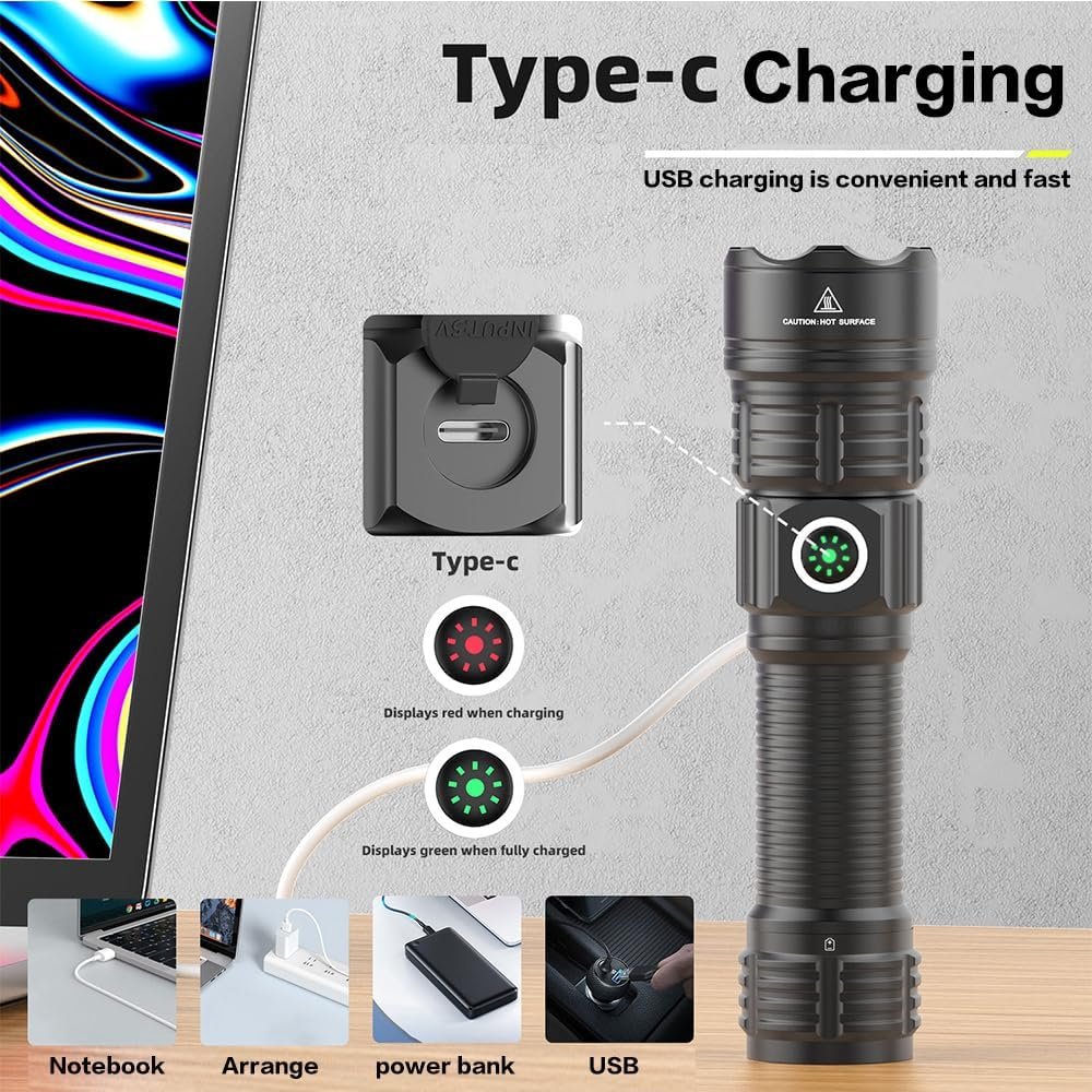 haixnfire Outdoor Camping Tactical Flashlight Type-C USB Rechargeable 6000 lumens 3 Light Mode Telescopic Zoom LED Guide Light Pressure Switch Picatinny Rial Flashlight