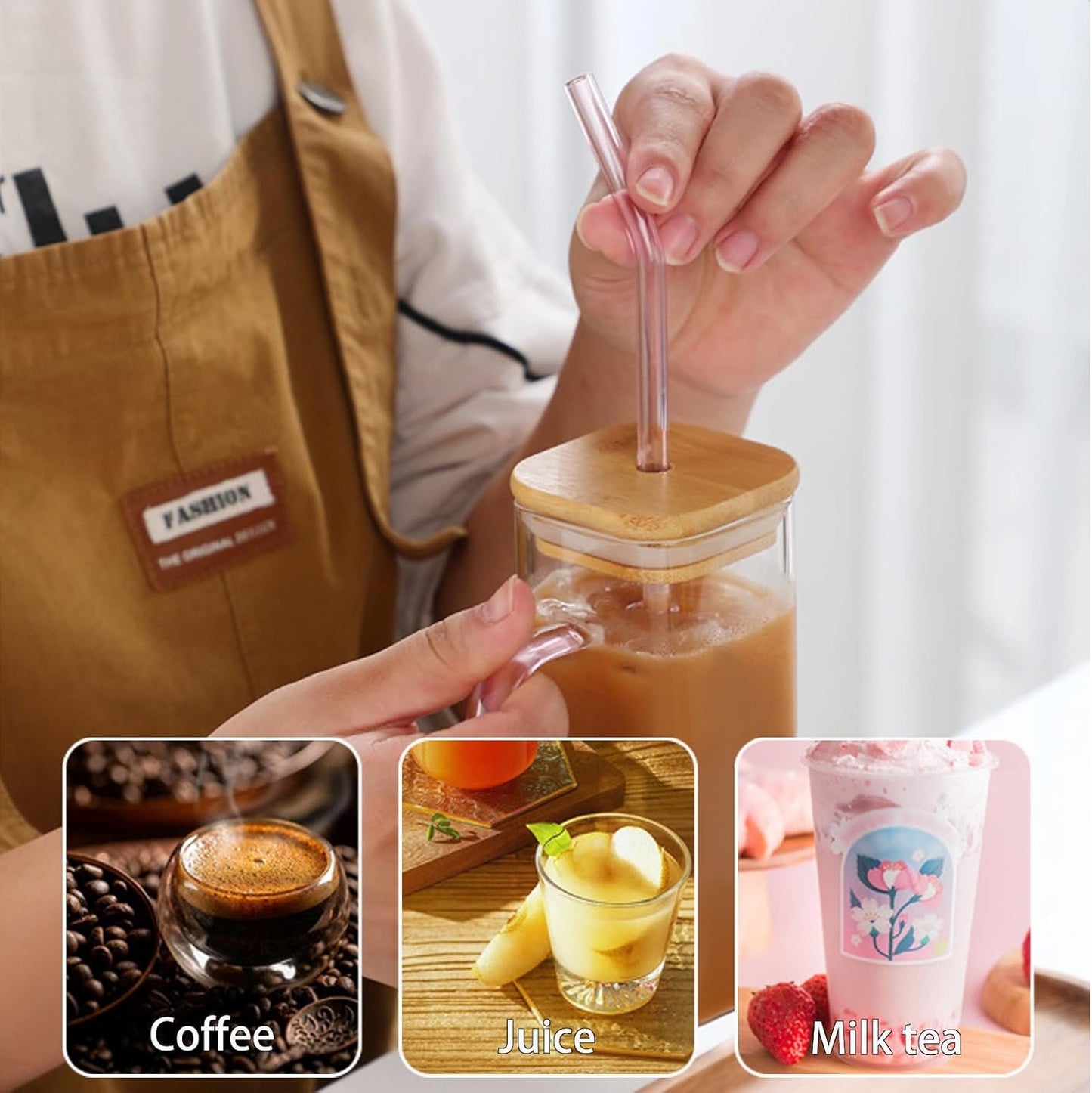Glass Drinking Cup 400ML Square Glass Tumbler with Handle Clear Coffee Cups with Lids and Straws Portable Water Bottles Milk Jar Can hold various beverages. (Transparent)