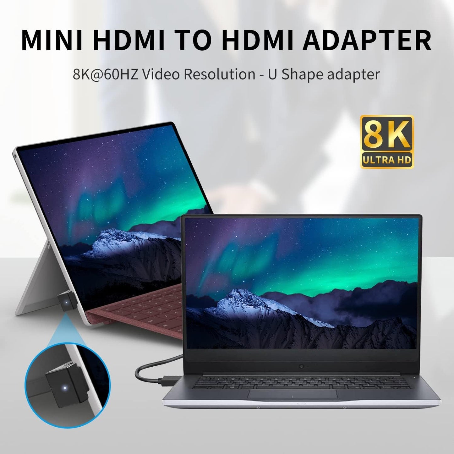 Duttek 180 Degree Mini HDMI to HDMI Adapter 8K, U Shaped HDMI to Mini HDMI Adapter 48Gbps UHD Down Angle Mini HDMI Male to HDMI Female Extender Converter for Cameras, Projectors 1 Pack