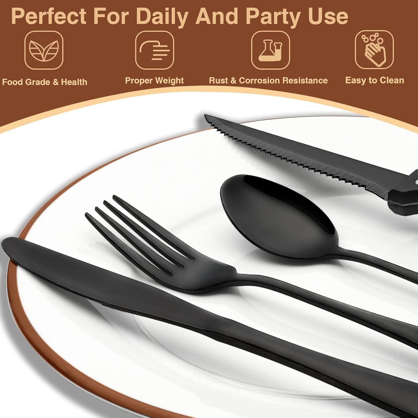 49-Piece Black Silverware Set with Organizer, Stainless Steel Flatware Set with Steak Knives for 8, AIKKIL Cutlery Set for Home Restaurant, Food-Grade Knives Forks and Spoons Silverware Set