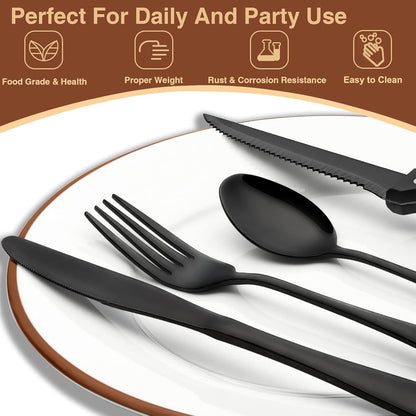 49-Piece Black Silverware Set with Organizer, Stainless Steel Flatware Set with Steak Knives for 8, AIKKIL Cutlery Set for Home Restaurant, Food-Grade Knives Forks and Spoons Silverware Set