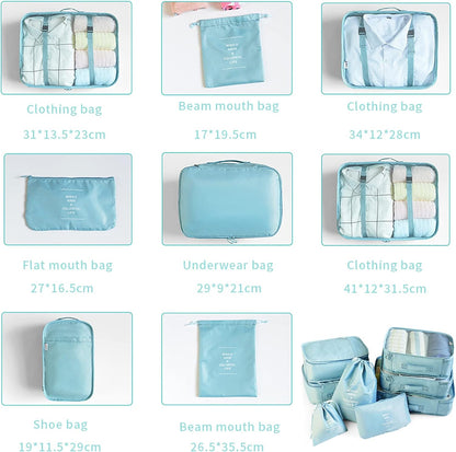 McNory Suitcase Organizer Set of 8, Travel Organizers Cubes Packaging Laundry Bag Luggage Compression Bags for Clothes, Cosmetics, Shoes, Underwear, blue