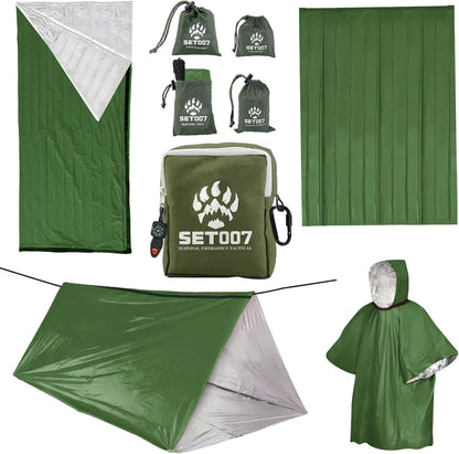SET007 4PCS Survival Mylar Kit, 2 Person Mylar Emergency Shelter Tube Tent with Paracord, Thermal Mylar Poncho, Survival Blanket, Emergency Bivy, Military Grade Supplies for Hiking Camping, Green