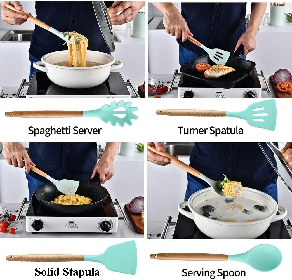 Silicone Cooking Utensils Set, 12 PCS Wooden Spoons for Cooking, Tongs Spatula Spoon for Nonstick Cookware - Best Kitchen Tools Gadgets (Green)