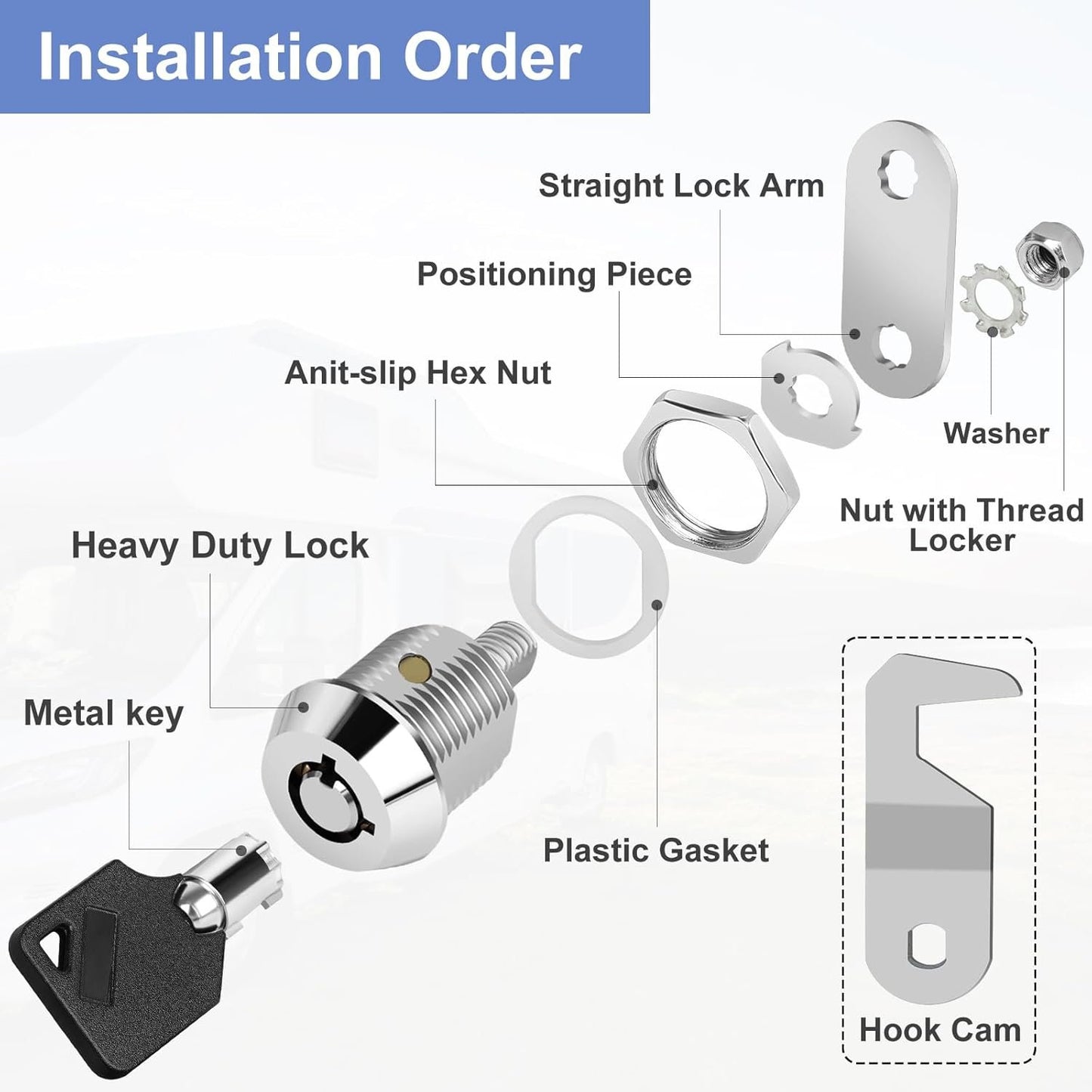 Cylinnda Toolbox Lock with Keys, 5/8” Cabinet Cam Lock Keyed Alike, Hook Cam,Tool Box Lock for RV Storage Compartment Door Tool Cart Mailbox Lock with Manual, Zinc Alloy (5/8 Inch 1 Pack)