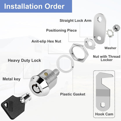 Cylinnda Toolbox Lock with Keys, 5/8” Cabinet Cam Lock Keyed Alike, Hook Cam,Tool Box Lock for RV Storage Compartment Door Tool Cart Mailbox Lock with Manual, Zinc Alloy (5/8 Inch 1 Pack)