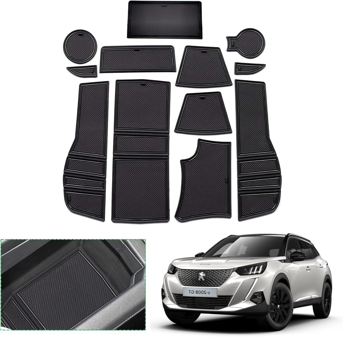 GAFAT Peugeot 2008 e-2008 2020-2024 2025 Non-Slip Floor Mats, Peugeot and 2008 2023 Rubber Floor Mats for Armrest, Cup Holder, Groove Door, Peugeot 2008 Accessories (Black)
