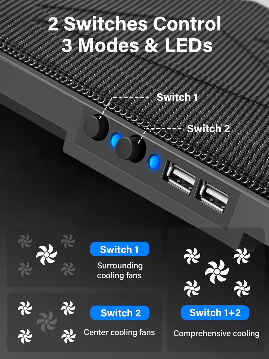 Kootek Laptop Cooling Pad 12-17 Cooler Pad Chill Mat 5 Quiet Fans LED Lights and 2 USB 2.0 Ports Adjustable Mounts Laptop Stand Height Angle