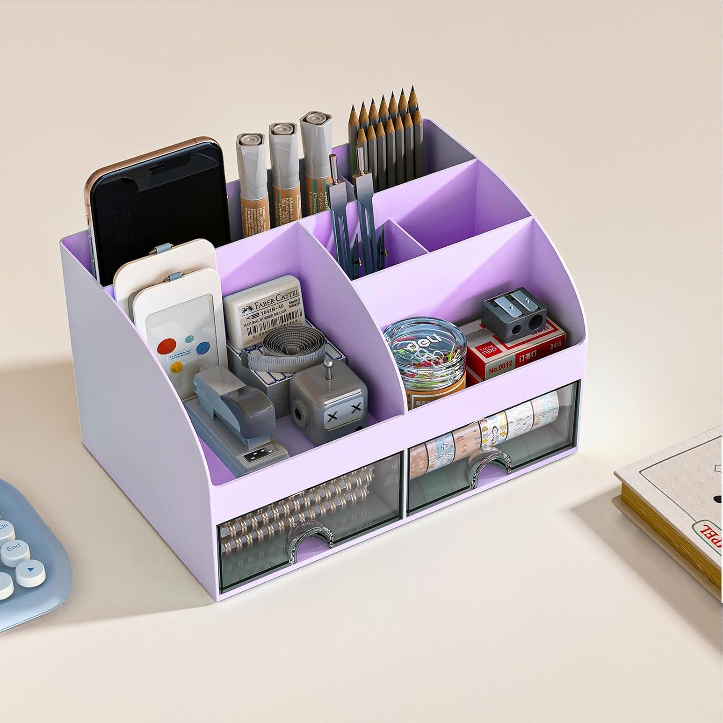 COMFYROOM Desk Organizer and Accessories with 6 Compartments and 2 Drawers, Plastic Makeup Organizer, Pen Holder for Desktop Storage, Desk Organization for School, Home, Office Supplies (Purple)