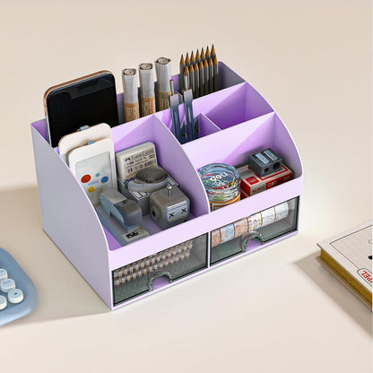 COMFYROOM Desk Organizer and Accessories with 6 Compartments and 2 Drawers, Plastic Makeup Organizer, Pen Holder for Desktop Storage, Desk Organization for School, Home, Office Supplies (Purple)