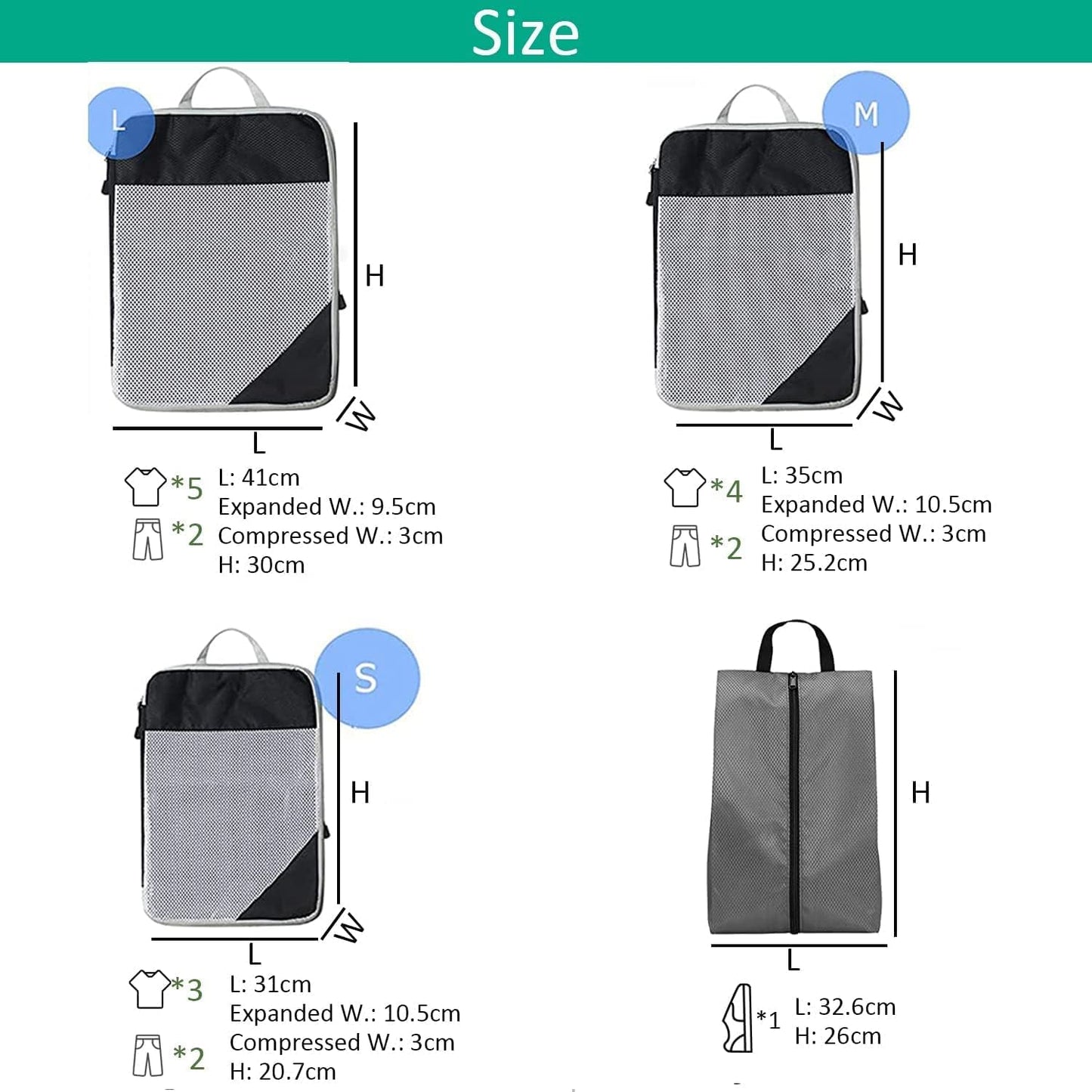 Packing Cubes for Travel, 3 Sizes Packing Cubes for Suitcases Expandable Compression Packing Cubes Lightweight Suitcase Organizer Bags Set, Durable Compression Bags and 1 Shoe Bag (Grey)