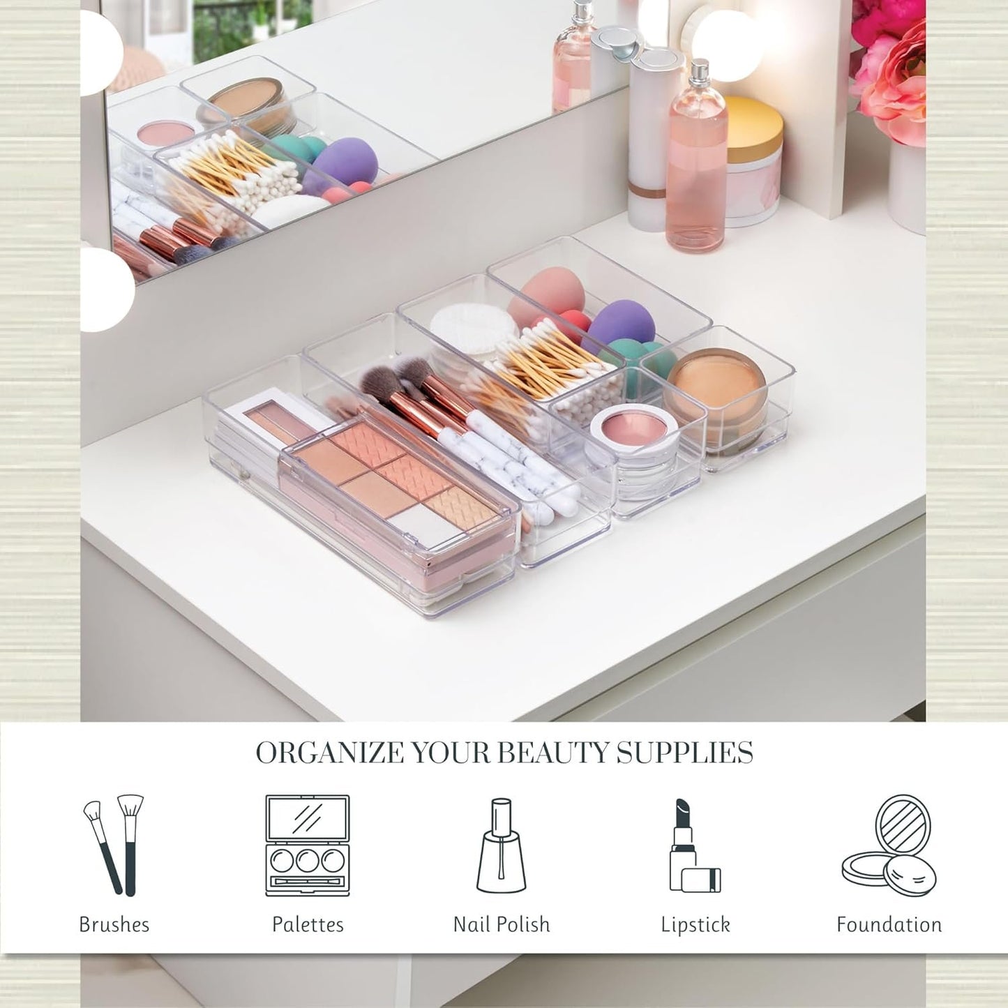 STORi SimpleSort 6-Piece Stackable Clear Drawer Organizer Set | Multi-size Trays | Small Makeup Vanity Storage Bins and Office Desk Drawer Dividers | Made in USA