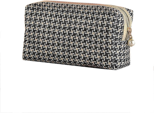 Checkered Makeup Bag for Purse Portable Zipper Make Up Pouch Small Cosmetic Case for Travel Accessories(Black)