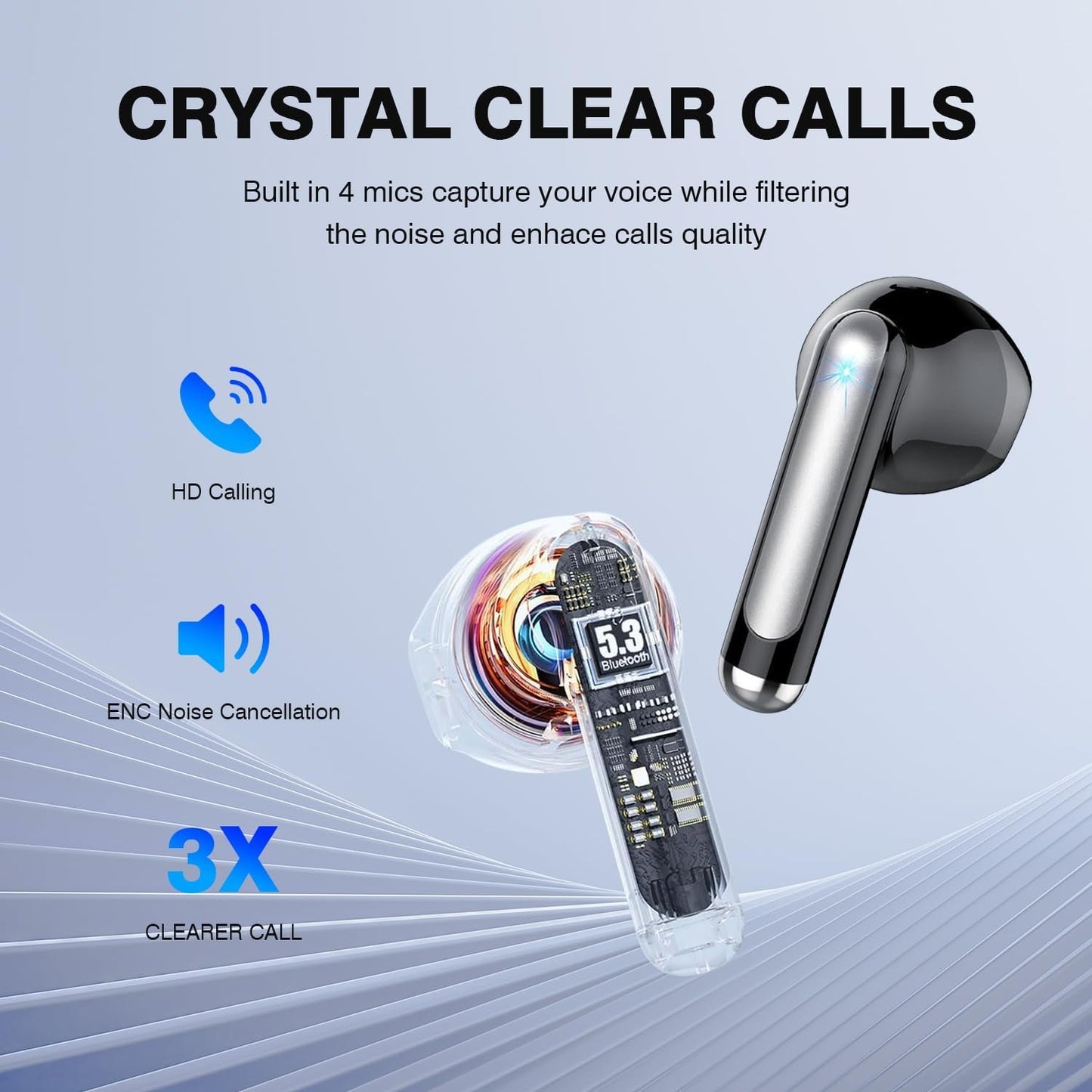 Bluetooth Earbuds Wireless 5.3 LED Display Headphones with ENC Mic,40H Bluetooth Earphones in Ear Deep Bass Stereo Sound,Mini Ear Buds IP6 Waterproof,Touch Control for Work Sport