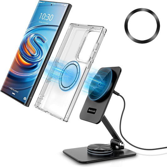 Compatible with MagSafe Charger, 15W MagSafe Charger Stand, 360°Rotation Base Adjustable Foldable Wireless Charger for Samsung Galaxy S25 Ultra/iPhone 16 Pro Max, for Travel [Metal Ring Included]