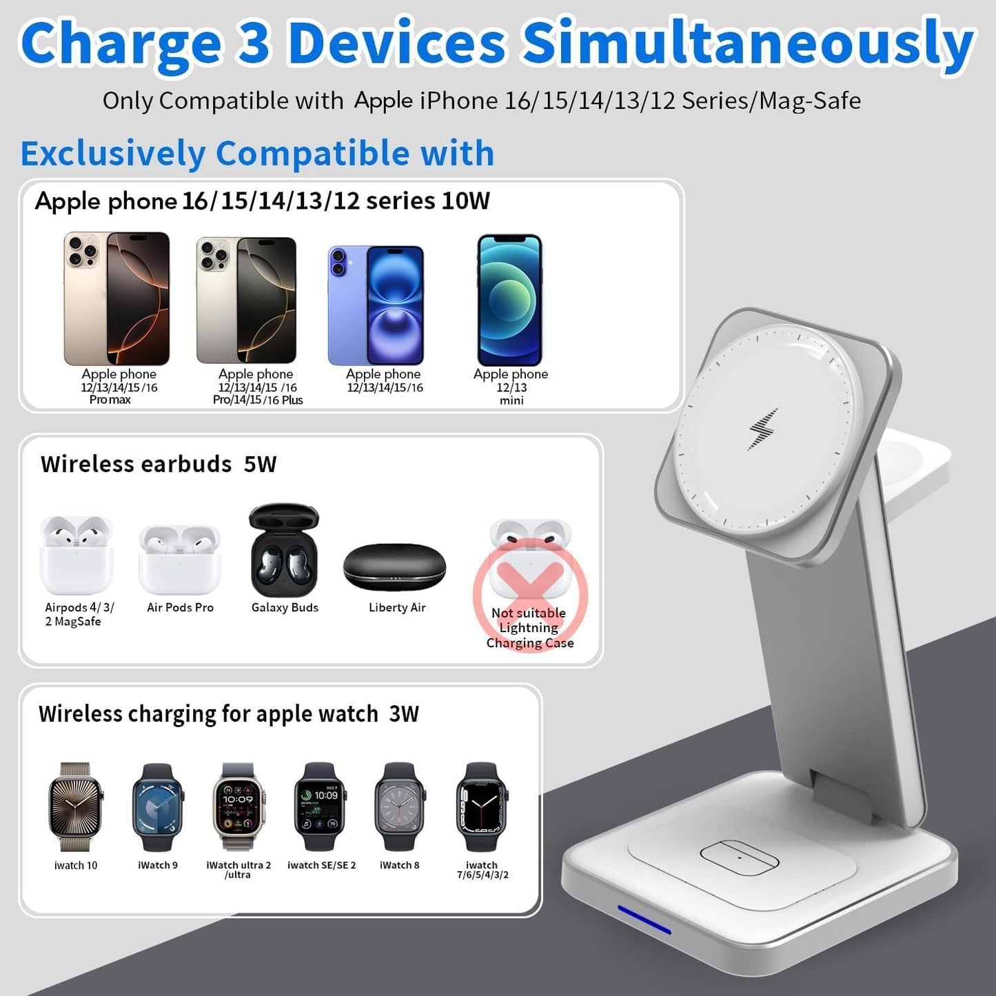 3 in 1 Magnetic Wireless Charger,Foldable Wireless Charging Station for Apple Watch Series 10/9/Ultra 2/8/7/SE/SE2/6/5/4,iPhone 16 Pro Max/16/15/14/13/Pro,AirPods 3/Pro/2 Mag Safe Charger Stand Dock