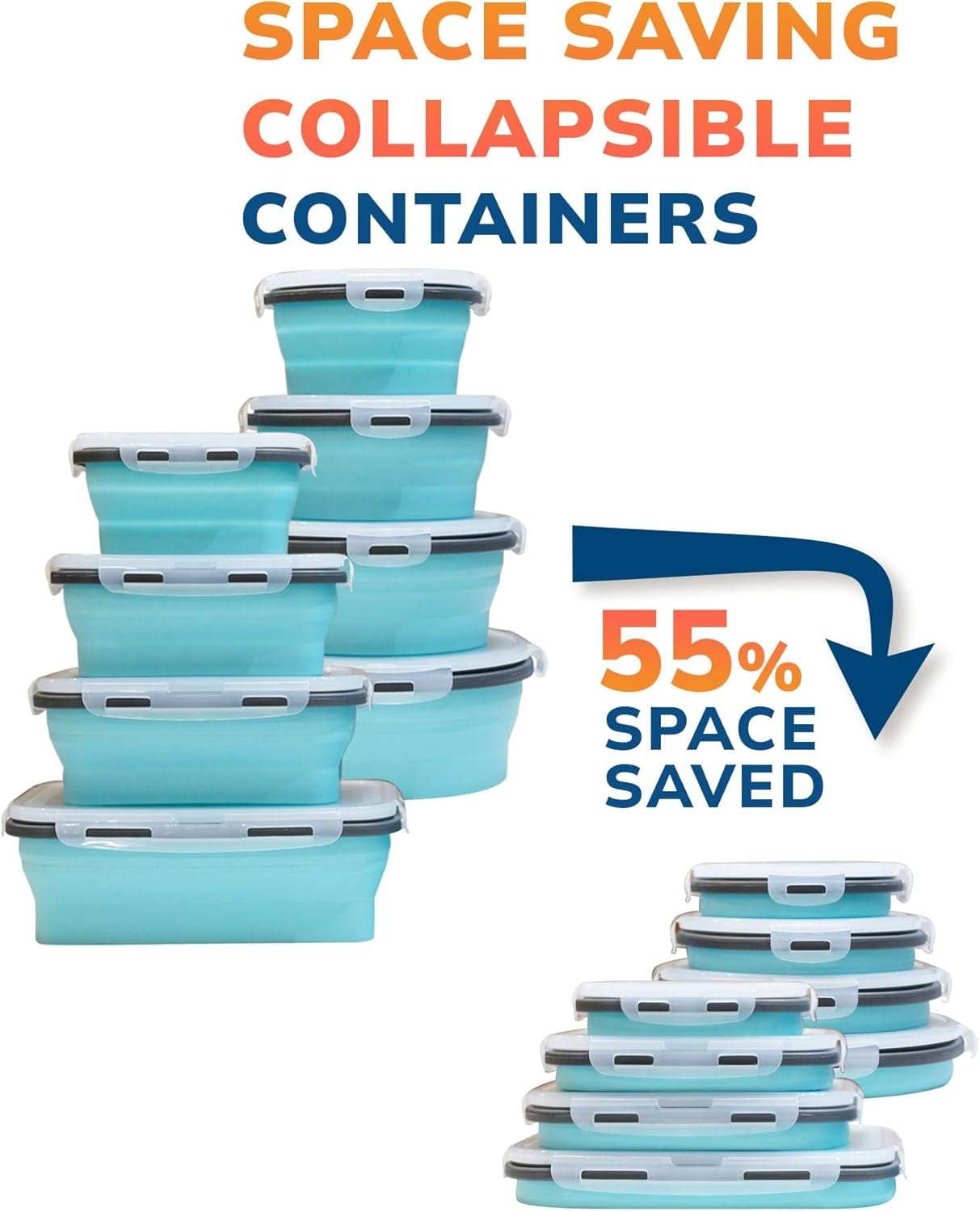 Lunememo 8 Pack Collapsible Silicone Food Storage Containers with Lids, Freezer & Dishwasher Safe, Foldable Lunch Box for Camper, Leftovers, Meals, Blue