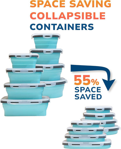 Lunememo 8 Pack Collapsible Silicone Food Storage Containers with Lids, Freezer & Dishwasher Safe, Foldable Lunch Box for Camper, Leftovers, Meals, Blue