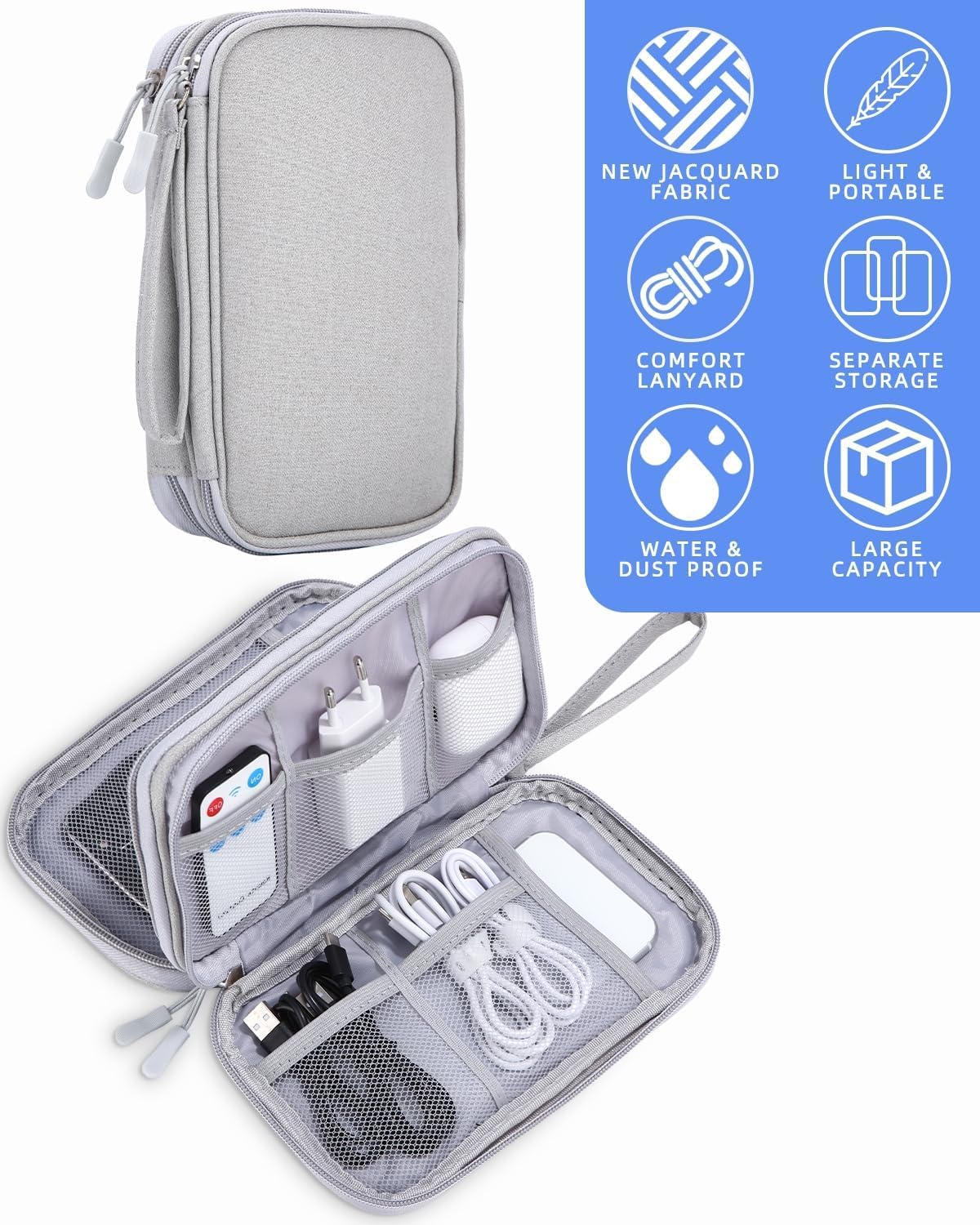 SOBEAU Bag for Cables, Electronic Cable Organizer Travel, Accessories Bag, Universal Bag Organizer Portable Cables for USB, SD Cards, Chargers, Hard Disks, Grey, grey, Paquete variado, Elegant