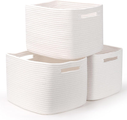 MicroIdeas Woven Storage Basket, Cotton Rope Organizing Baskets for Nursery, Baby Toys, Home Organization, rectangular Bathroom Towel Baskets for Shelves 13*11*9in - Set 3, White