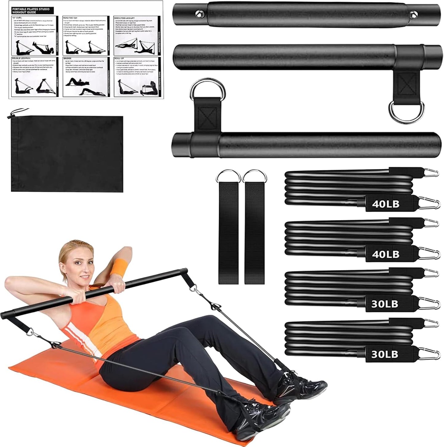 Pilates Bar Kit, Adjustable Workout Bar, Resistance Band Trainer, Multifunctional Fitness Gear, Ideal for Legs, Butt, Hip, Waist, Arm, Home Gym, Body Toning, 9,84 x 15,75 x 2,76 pollici