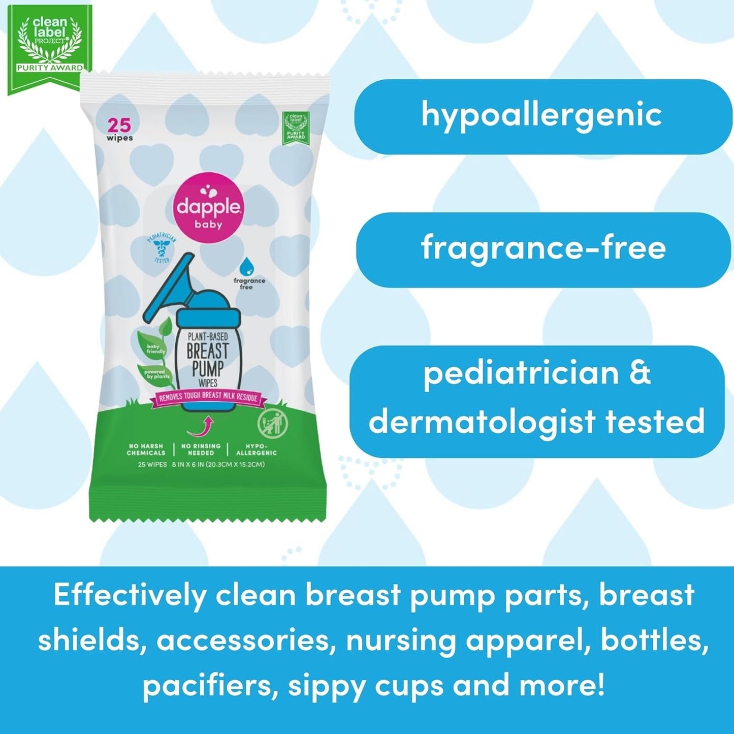 Dapple Baby Breast Pump Wipes, 25 Count (Pack of 3), Fragrance Free, Plant Based & Hypoallergenic Breast Pump Wipes - Removes Milk Residue, Leaves No Taste - Convenient Wipes Pouch