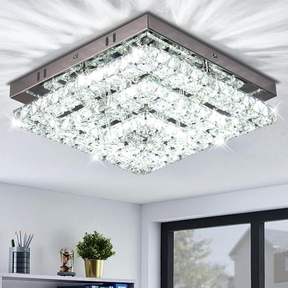 Cainjiazh 11.8 inch Crystal Chandelier LED Flush Mount Crystal Ceiling Light Modern Crystal Chandelier Square Ceiling Light for Bedroom Hallway Kitchen Office Without Remote Control