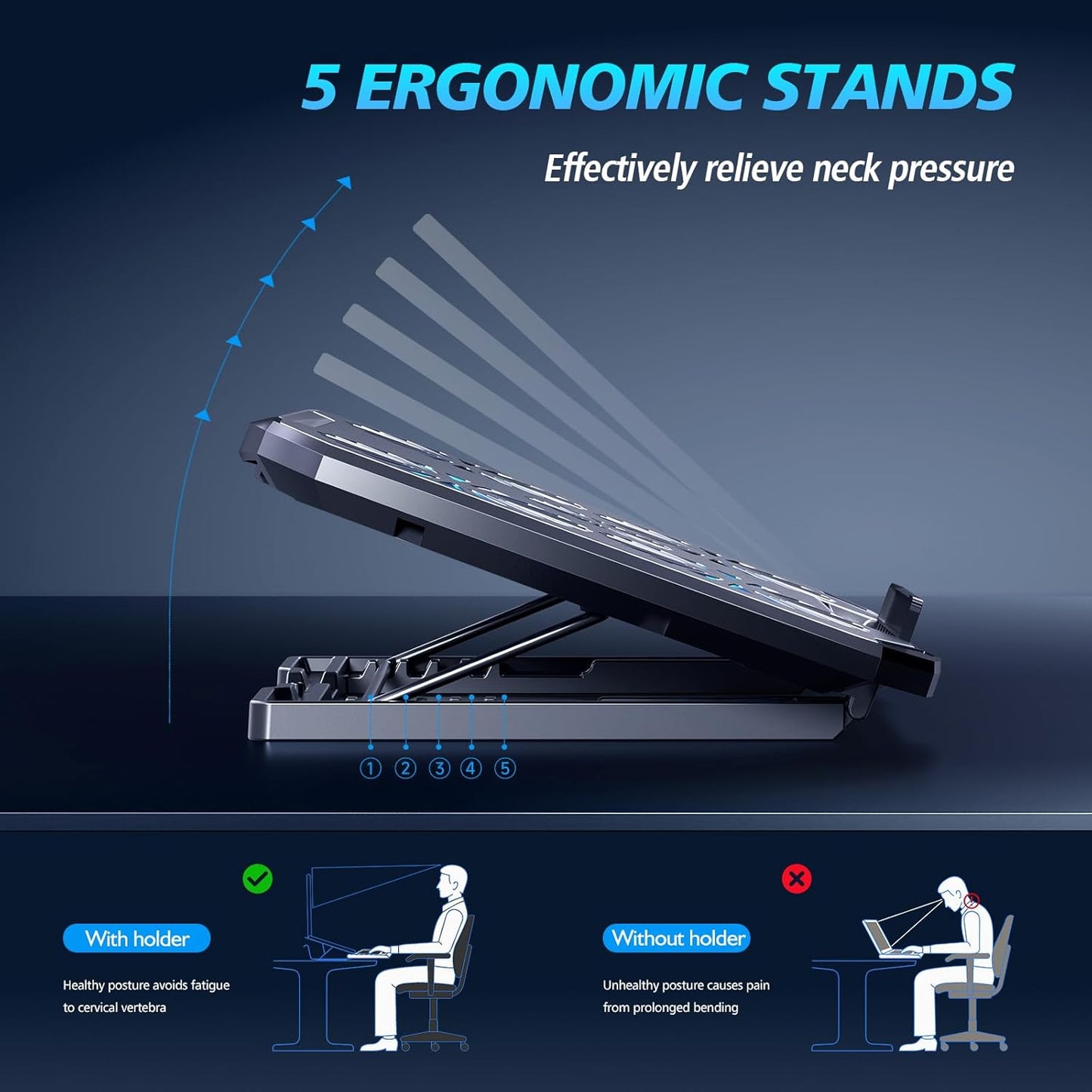 AIMIUZI Laptop Cooling Pad,Gaming Laptop Cooler with 5 Quiet Fans for 12-15.6 Inch,Laptop Cooling Stand with 5 Height Adjustable,2 USB Ports, Phone Stand