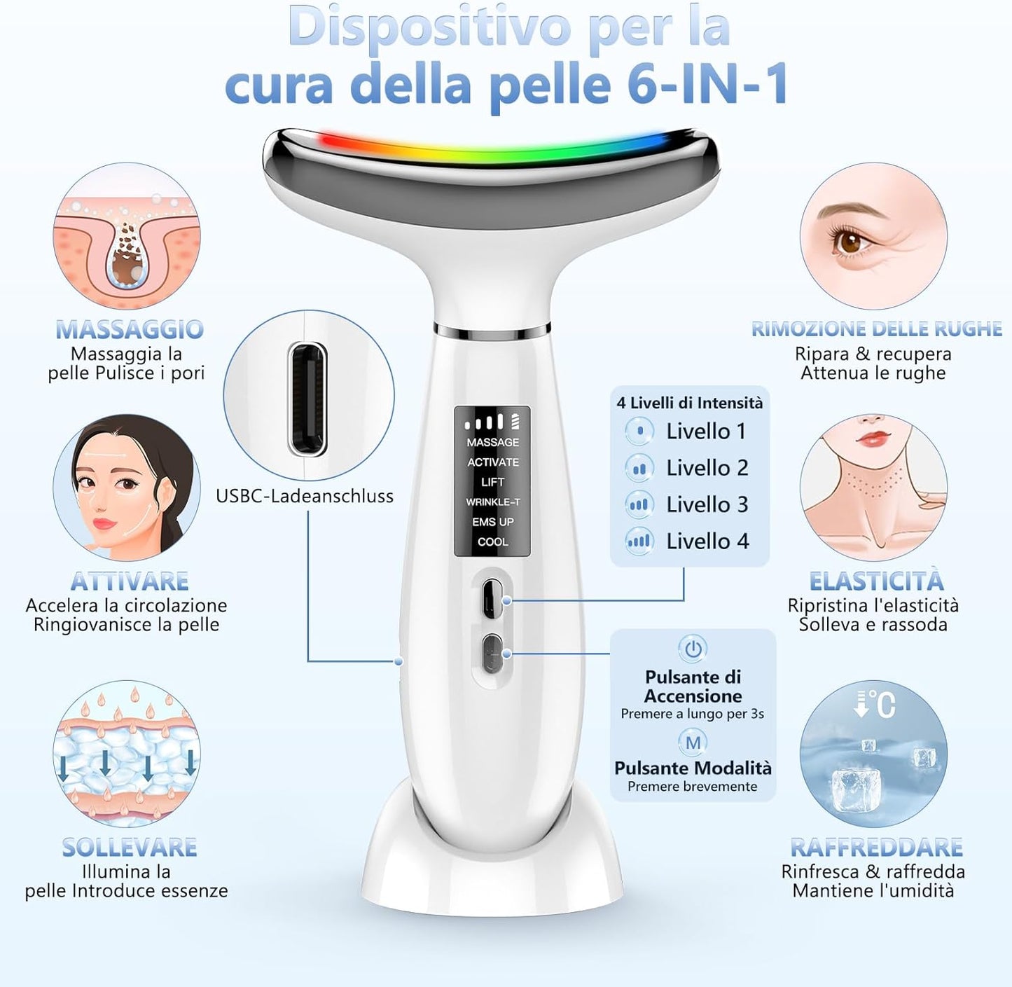 Electric Face Massager, Lifting Face Massager with 6 Modes at 45°C for Anti-Aging, Lifting and Firming Sagging Skin (4 Colour LED Mode - White)