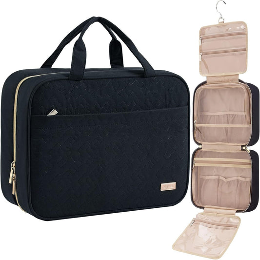 NISHEL Travel Toiletry Bag for Women, Portable Hanging Organizer for Full-Sized Shampoo, Conditioner, Brushes Set, Travel-Size Accessories