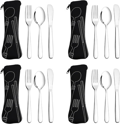 Nihenok 12 Pieces Stainless Steel Portable Flatware Set with Black Case, Travel Camping Stainless Steel Cutlery Utensils Set