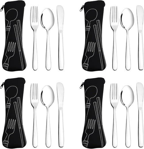Nihenok 12 Pieces Stainless Steel Portable Flatware Set with Black Case, Travel Camping Stainless Steel Cutlery Utensils Set