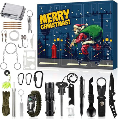 Survival Kit Advent Calendar 2024 Adults Men, 24 Days Christmas Countdown Calendar Emergency Survival Gears, 2024 Xmas Cool Gadgets for Outdoor Camping Fishing Hunting Adventure