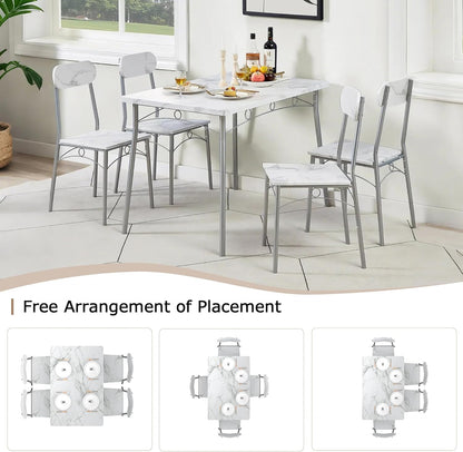 VECELO Dining Table Set for 4, 5-Piece Kitchen Table with 4 Chairs, MDF Board Tabletop with Metal Frame for Small Space, Compact Dinette, Breakfast Nook, White