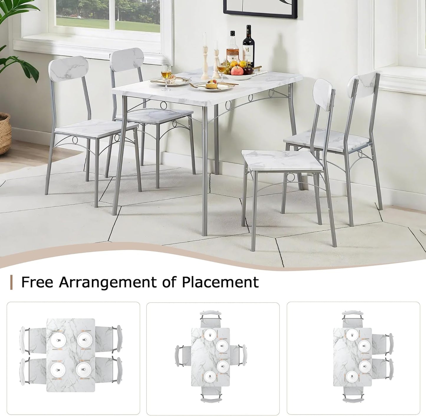 VECELO Dining Table Set for 4, 5-Piece Kitchen Table with 4 Chairs, MDF Board Tabletop with Metal Frame for Small Space, Compact Dinette, Breakfast Nook, White