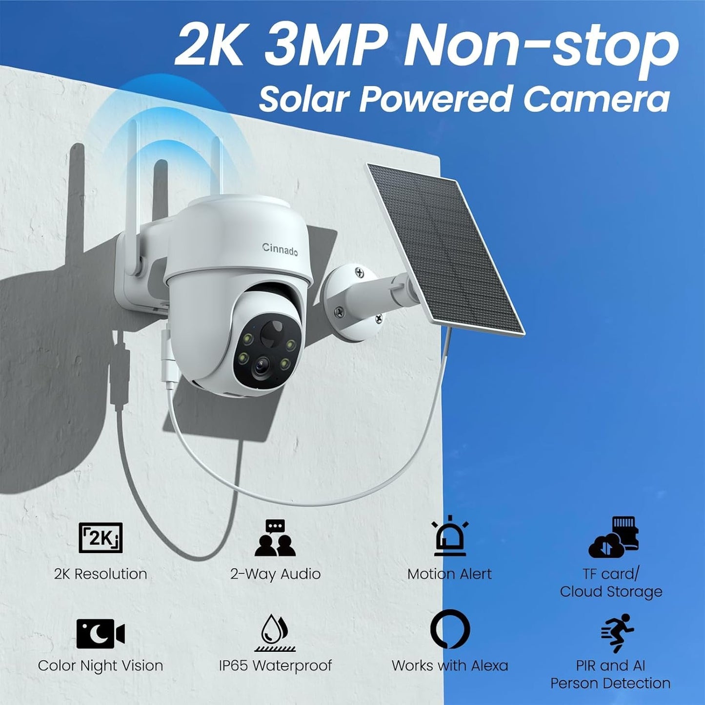 Security Cameras Wireless Outdoor-2K Cameras for Home Security Outside Solar/Battery Powered 2.4G WiFi, 360° Color Night Vision,2 Way Audio, PIR Human Detection,Compatible with Alexa
