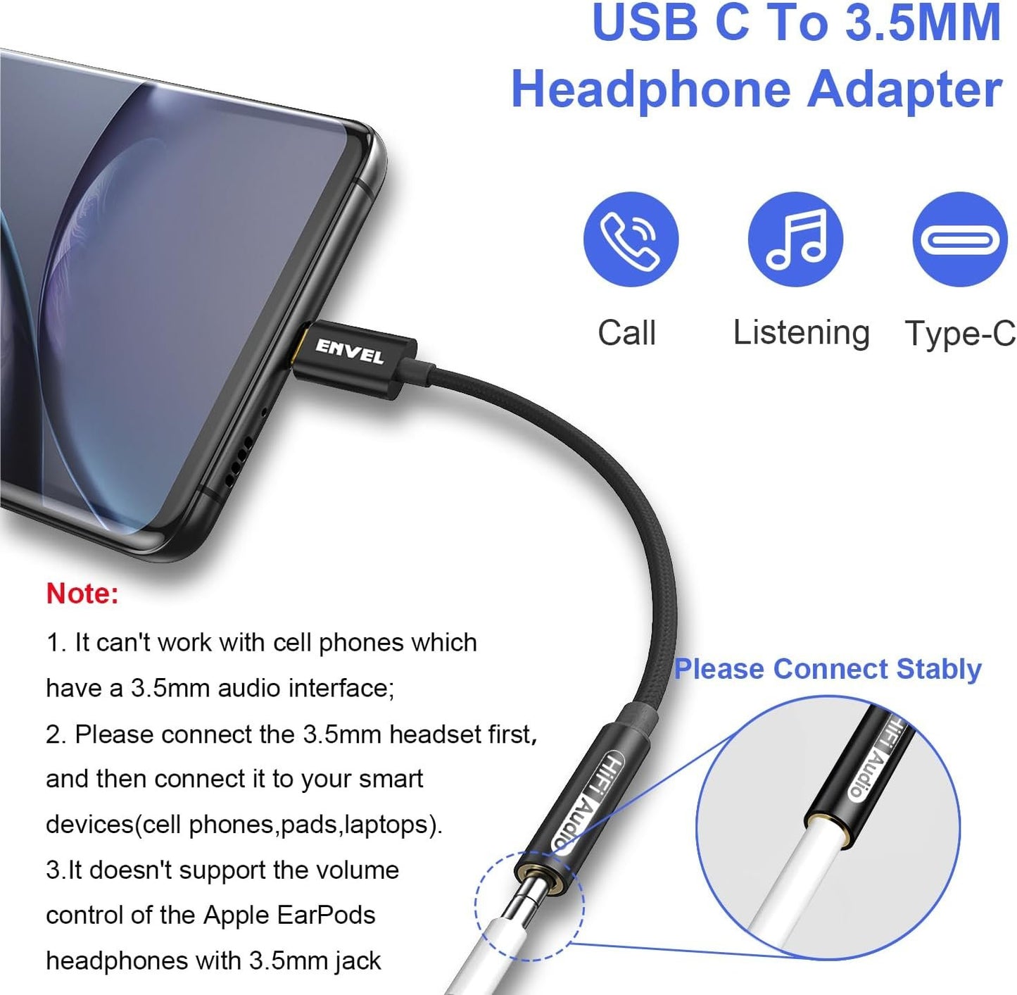 ENVEL USB C to 3.5 mm Headphone Jack Adapter, Type C to 3.5mm Audio Stereo DAC Chip Cable Compatible with Phone 16 Pro Max/16 Pro/16 Plus Pixel4 Galaxy S25 24 S23 S22 S10 S9 OnePlus 9 8T 7T Black