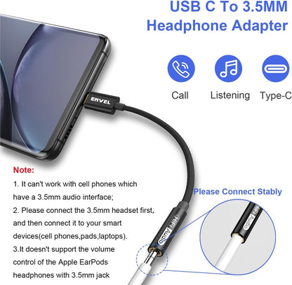 ENVEL USB C to 3.5 mm Headphone Jack Adapter, Type C to 3.5mm Audio Stereo DAC Chip Cable Compatible with Phone 16 Pro Max/16 Pro/16 Plus Pixel4 Galaxy S25 24 S23 S22 S10 S9 OnePlus 9 8T 7T Black