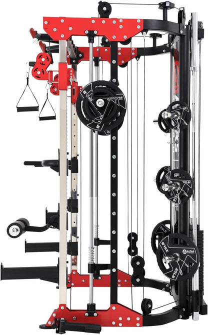 Altas Strength Home Gym Smith Machine with Pulley System Gym Squat Rack Pull Up Bar Upper Body Strength Training Leg Developer Light Commercial Fitness Equipment Included Accessories 3058G