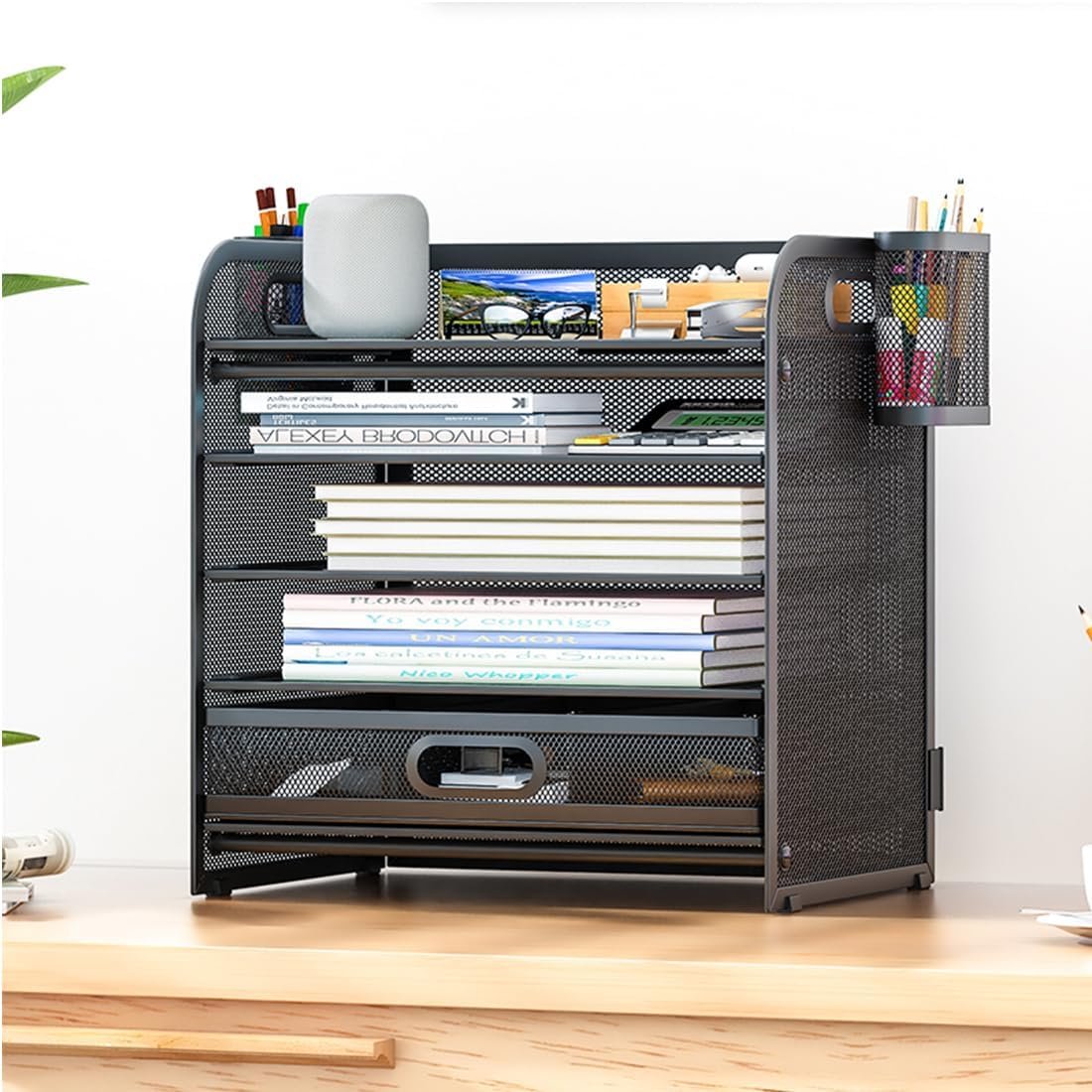 Mfancy 5 Tier Desktop File Organizer with Pen Holder and Drawer,Letter Tray Paper Organizer, Mesh Desk Organiser and Accessories, Paper Tray Organiser for Letter/A4 Office File Folder Holder.