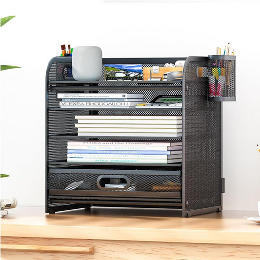 Mfancy 5 Tier Desktop File Organizer with Pen Holder and Drawer,Letter Tray Paper Organizer, Mesh Desk Organiser and Accessories, Paper Tray Organiser for Letter/A4 Office File Folder Holder.