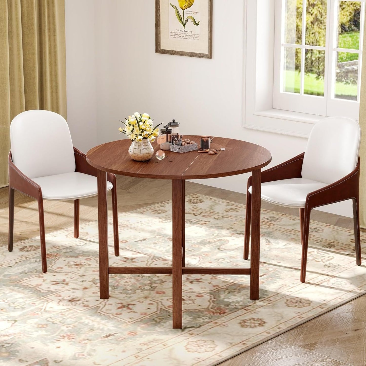 GOFLAME Round Drop Leaf Dining Table, 36” Folding Kitchen Table with Solid Wood Legs, Farmhouse Extendable Table for 2-4 People, Dinner Table for Dining Room, Living Room, Restaurant, Walnut