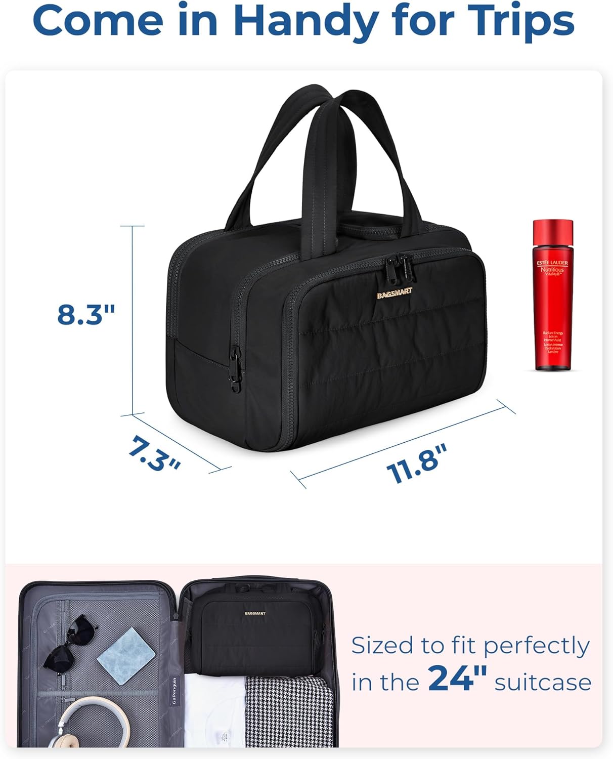 BAGSMART Travel Toiletry Bag, Lightweight Large Wide-open Travel Bag for Women, Puffy Cosmetic Makeup Bag Organizer with Handle for Accessories,Essentials, Toiletries, Black